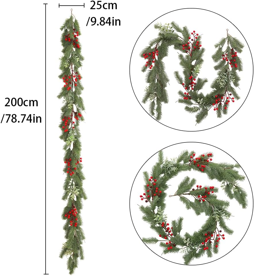 Christmas Garland Artificial Pine Decoration - 2 Pack Fake Green Cedar Garland Realistic Christmas Norfolk with Berry for Winter Holiday Mantle Fireplace Table Wall Window